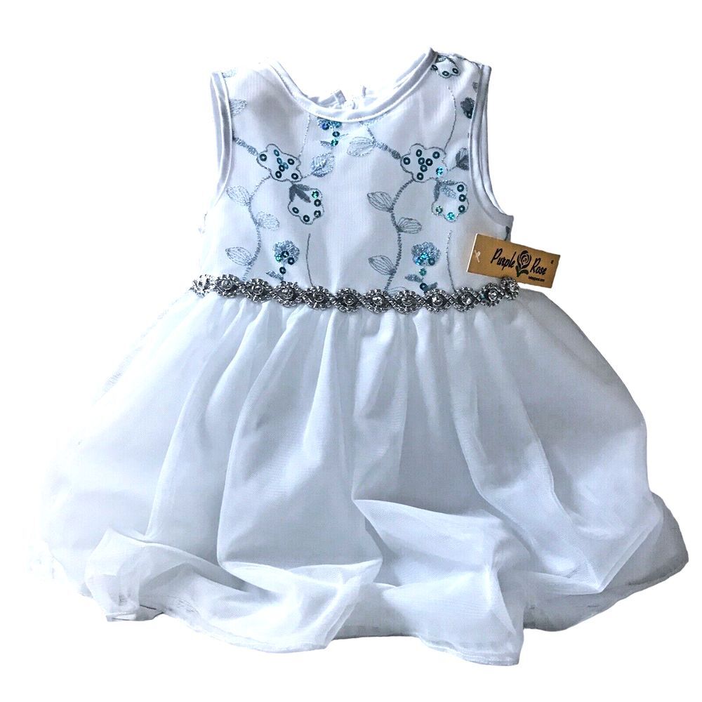 Purple Rose Baby Girls Sequined Mesh Sleeveless Jewel SashDress - White/Size 18M